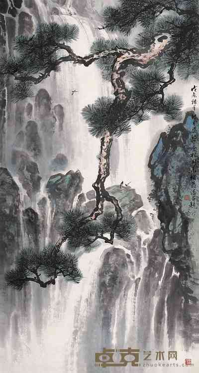梁纪 李国华 苍松飞瀑 镜心 95×180cm